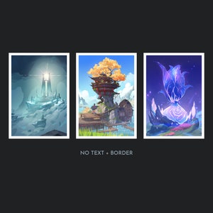 May include: Three fantasy landscape illustrations. The first shows a glowing white tower on a cloudy, blue and white landscape. The second shows a wooden house built into a tree trunk with a red roof and a yellow tree. The third shows a purple flower with a white center on a rocky, blue and purple landscape.