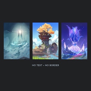May include: Three digital illustrations depicting fantastical landscapes. The first shows a glowing white tower on a snowy mountaintop. The second shows a wooden house built into a rock formation with a large tree and a water wheel. The third shows a glowing blue flower with a purple center on a rocky outcrop.