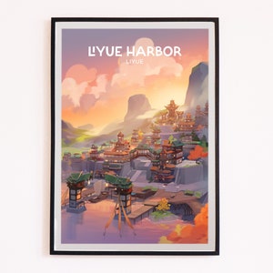 May include: A digital illustration of a cityscape with a sunset sky. The city is built on a mountainside and has many buildings with red roofs. The text "LIYUE HARBOR LIYUE" is at the top of the image.