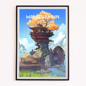 May include: A digital illustration of a whimsical inn called "Wangshu Inn" in Liyue, a region from the video game Genshin Impact. The inn is built on a large rock formation with a tree growing out of the top. The inn has a wooden structure with red accents and a large wheel on the side. The background features a blue sky with white clouds and a mountain range.