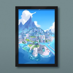 May include: A digital illustration of a fantasy city with a large, circular bridge and buildings surrounded by water. The city is set against a backdrop of blue sky and white clouds.