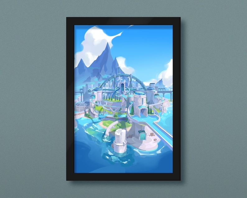 May include: A digital illustration of a fantasy city with a large, circular bridge and buildings surrounded by water. The city is set against a backdrop of blue sky and white clouds.