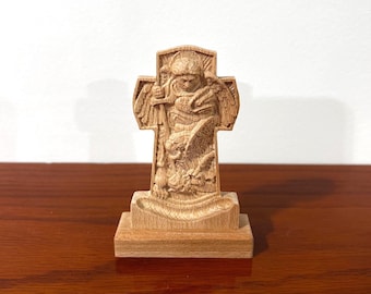 Saint Michael the Archangel table stand carved from hardwood maple.