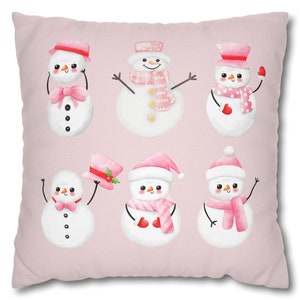 Bonita funda de almohada cuadrada de poliéster hilado, decoración del hogar con acento de vacaciones de invierno, acogedor sofá, decoración navideña, muñecos de nieve, copos de nieve.
