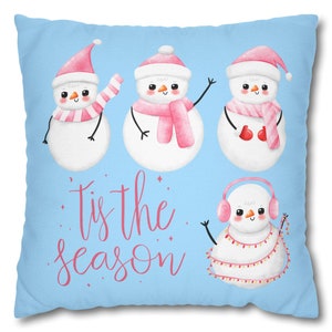 Decoración del hogar para vacaciones de invierno, funda de almohada cuadrada de poliéster hilado, lindos muñecos de nieve.