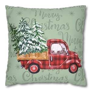 Funda de almohada de poliéster con diseño de camión rojo navideño, decoración de transporte con forma de árbol de Navidad, decoración navideña para el hogar, funda de cojín festiva, funda de almohada decorativa de temporada