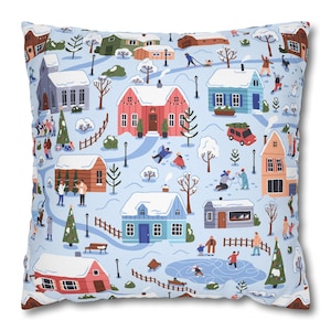 Funda de almohada cuadrada, escena de nieve navideña en un pueblo invernal, casas lindas, decoración del hogar, decoración navideña, funda de almohada de poliéster