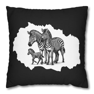 Federa in poliestere filato con famiglia di zebre, decorazione per la casa con stampa di animali, decorazione per la camera da letto con safari e fauna selvatica, effetto carta strappata, federa per cuscino quadrata,
