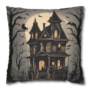 Haunted House Halloween Pillowcase, Spooky Home Decor, Gothic Throw Pillow Cover, Scary Cushion Case, Trick or Treat Halloween Pillow Sham
