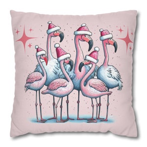 Funda de almohada, familia de flamencos rosados navideños con gorros de Papá Noel, decoración navideña, funda de almohada festiva, decoración navideña para el hogar, funda de cojín