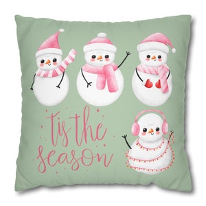 Decoración del hogar para vacaciones de invierno, funda de almohada cuadrada de poliéster hilado, lindos muñecos de nieve.