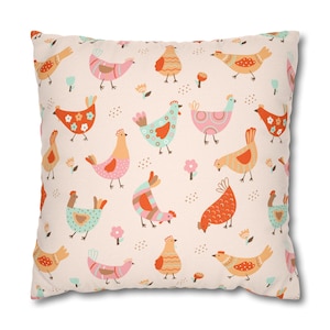 Chicken Spun Polyester Pillowcase, Cute Farm Animal Decor, Fun Square Pillow Cover, Chicken Lover Gift, Farmhouse Home Decor, Animal Print