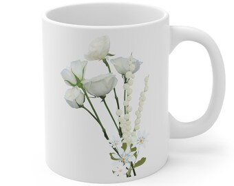 Ceramic Mug 11oz. Positivity, White Floral.