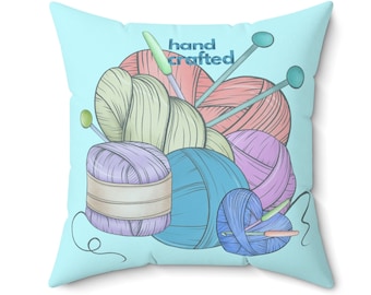 Spun Polyester Square Pillow. Let's Knit, Arts and Crafts, Gift ideas for Knitting fan's.