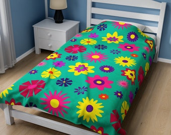 Velveteen Plush Blanket. Vibrant Retro Floral, Home Decor Ideas, Home and Living, Birthday Gift for her.