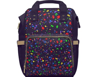 Multifunctional Diaper Backpack. Colourful Paint splatter effect, Gift Idea for new Parents.