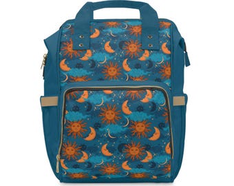Multifunctional Diaper Backpack. Sun, Moon and Stars, Gift Idea for New Parents, Baby Shower gift idea.