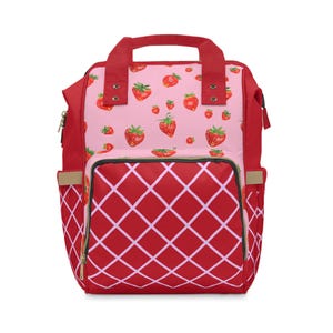 Strawberry Garden Diaper Backpack, Red Bag with Trellis Design, Stylish Mom Gift, Baby Shower Present, Nursery Organizer, Baby Essentials