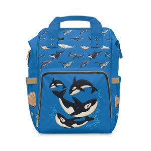 Multifunctional Diaper Backpack. Sealife, Whale Family, Gift Idea for New Parent.