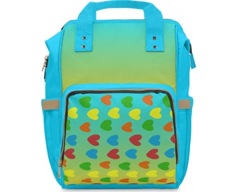 Multifunctional Diaper Backpack. Colourful Ombre Effect, Hearts, Gift Idea for new Parents.
