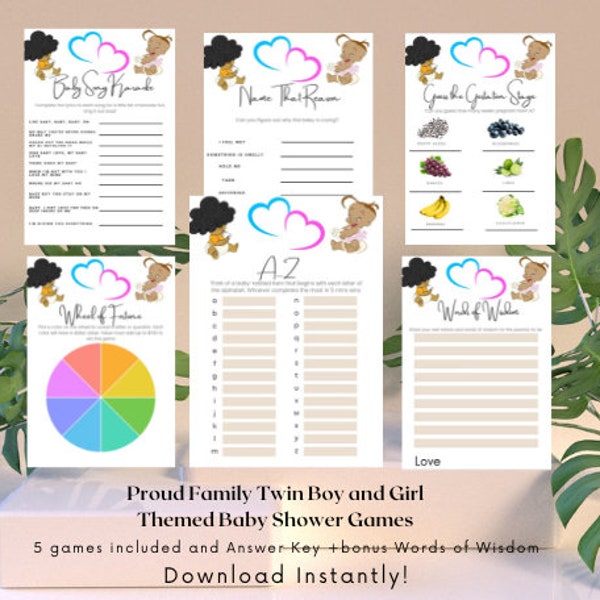 Proud Family Baby Shower, Bebe, Cece, Twins, Boy,Girl, Baby Shower, Baby Shower Games, Five games included, Instant download