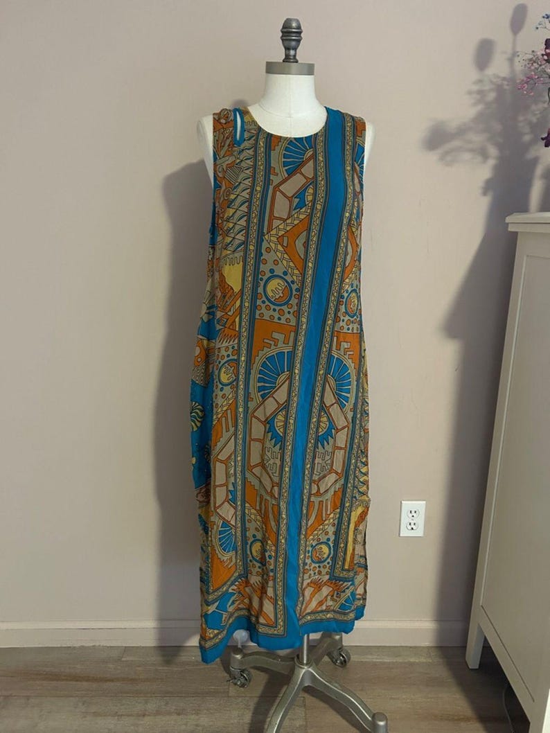Ärmelloses Boho Midikleid aus Seide in Türkis und Rost Größe Anthropologie 14 Bild 12