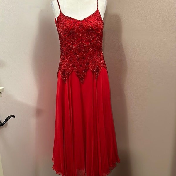 Vintage Oleg Cassini Red Beaded Chiffon/ Tulle 3 Layer Midi Strap Dress size 6