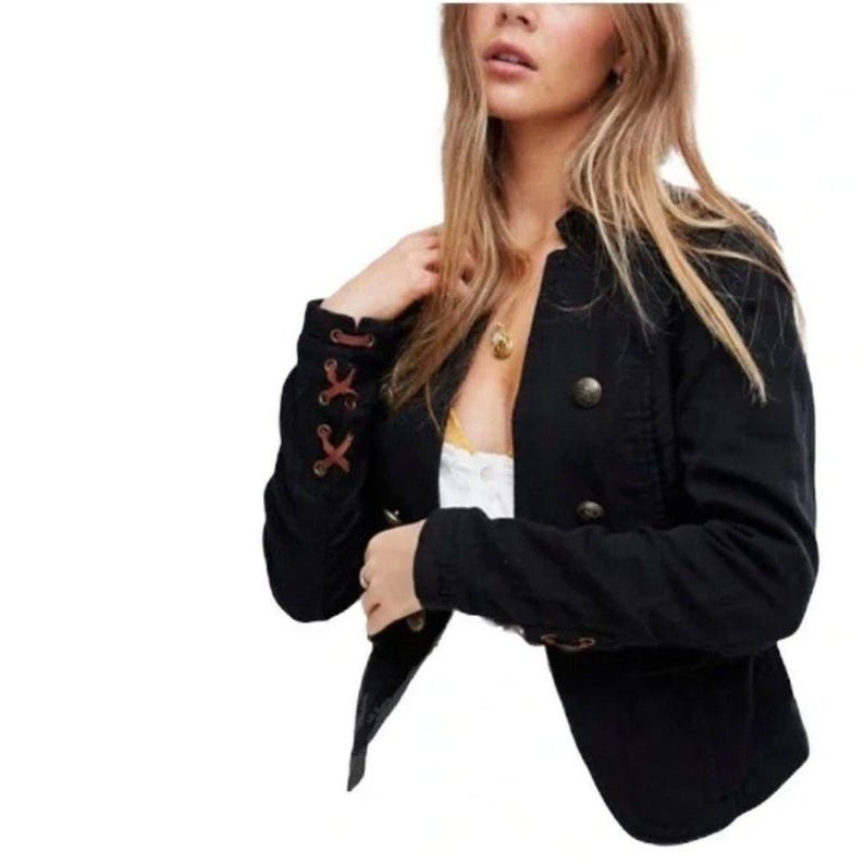 Free People Black Cotton Textured Blazer with Tailored Fit size small army image 12