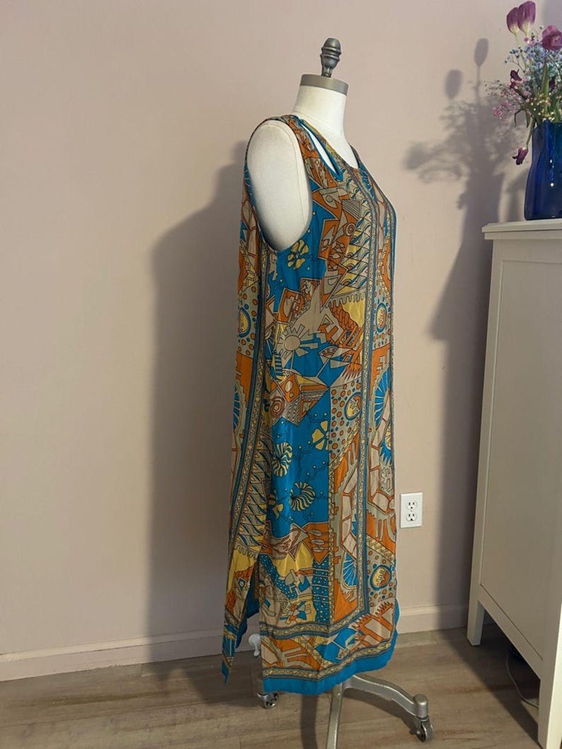 Ärmelloses Boho Midikleid aus Seide in Türkis und Rost Größe Anthropologie 14 Bild 8