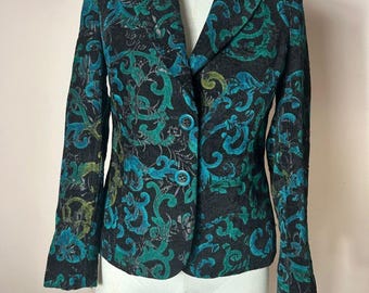 Harve Benard Womens Tapestry Black Teal Floral Jacquard Blazer Jacket VTG 4P