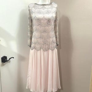 Różowa, koralikowa, cekinowa, szyfonowa sukienka koktajlowa, rozmiar 10- vintage