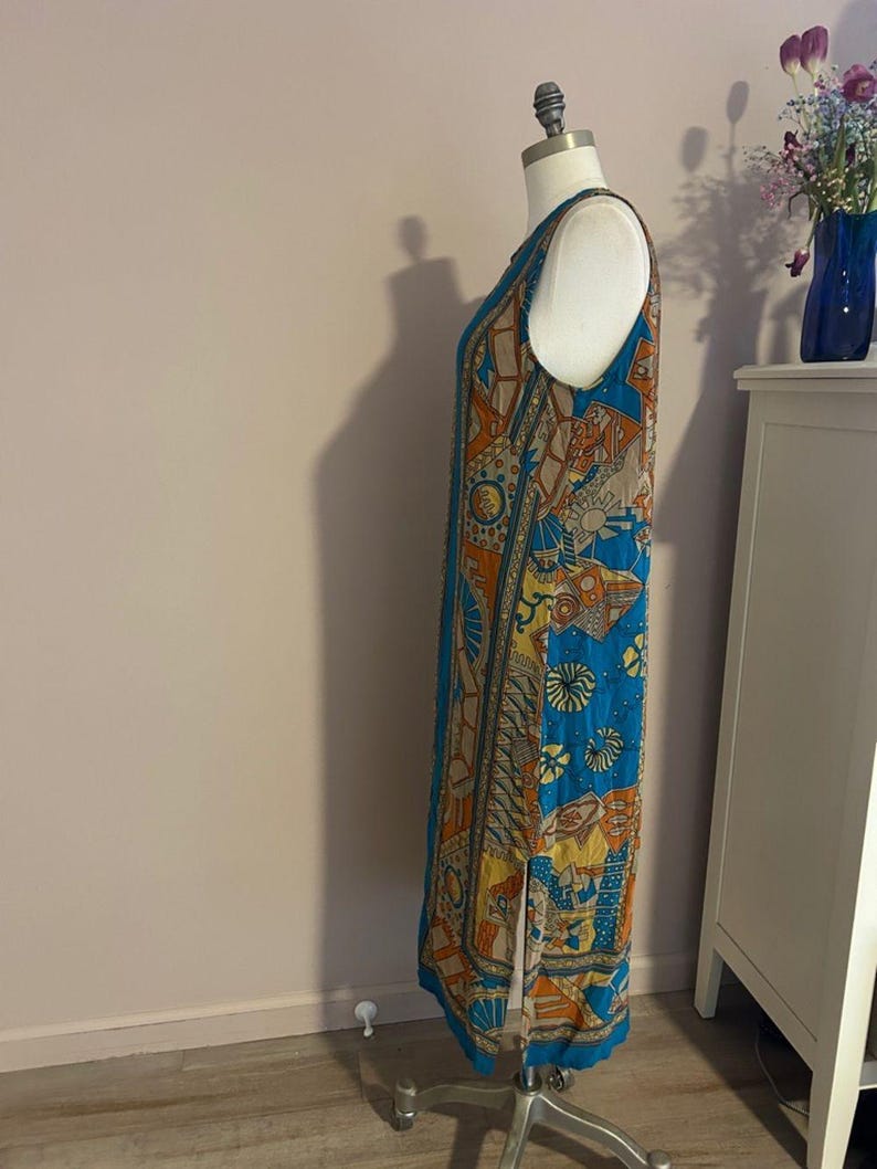Ärmelloses Boho Midikleid aus Seide in Türkis und Rost Größe Anthropologie 14 Bild 11