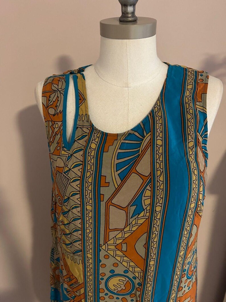 Ärmelloses Boho Midikleid aus Seide in Türkis und Rost Größe Anthropologie 14 Bild 7