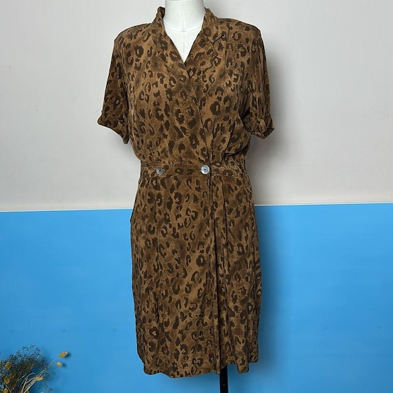 Vintage Robbie Bee Silk Animal Print Vneck Dress Size 80s