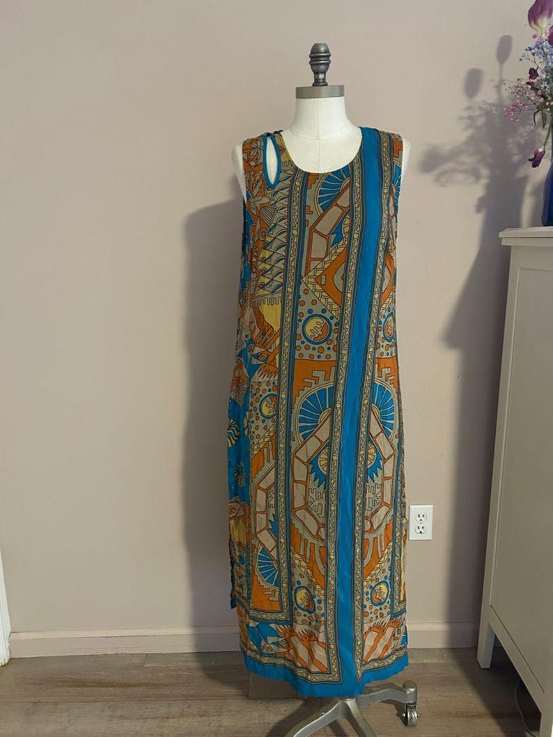 Ärmelloses Boho Midikleid aus Seide in Türkis und Rost Größe Anthropologie 14 Bild 6