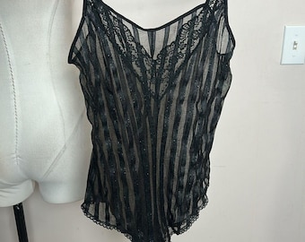 Vintage Sears Sheer Satin schwarze Slip Teddy Chemise auf Body Größe small
