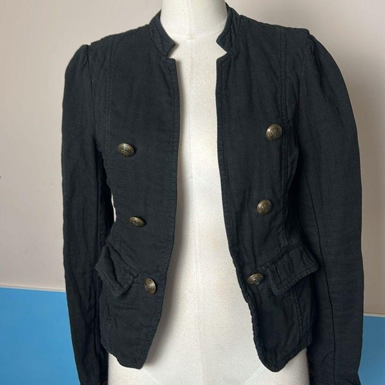 Free People Black Cotton Textured Blazer with Tailored Fit size small army image 3