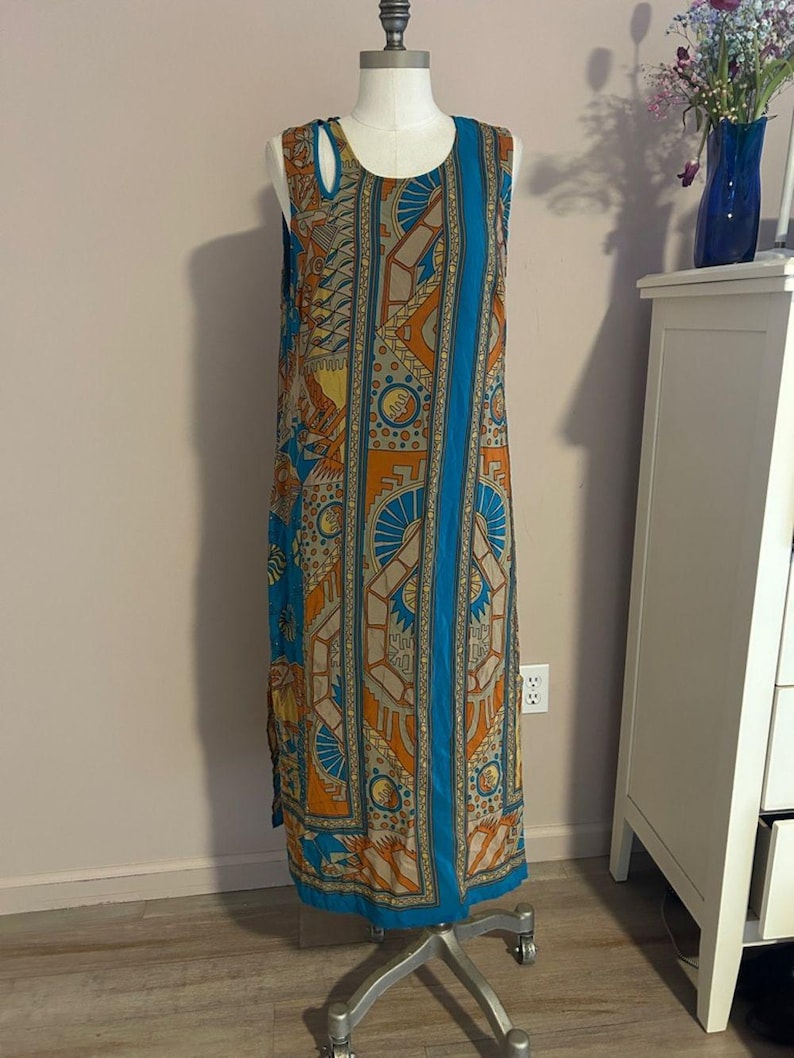 Ärmelloses Boho Midikleid aus Seide in Türkis und Rost Größe Anthropologie 14 Bild 5