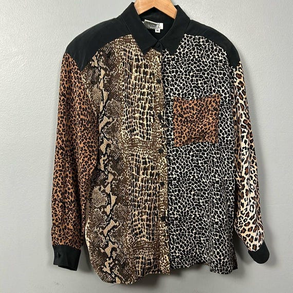 Vintage Silk Leopard Patchwork Button Down shirt … - image 1