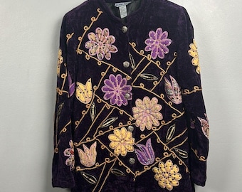 Chaqueta vintage Indigo Moon Art To Wear talla M otoño bordada morada suave