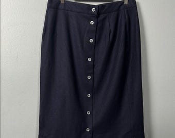 Gonna midi foderata con bottoni sul davanti in lana Briggs blu navy VTG, taglia 18 classica