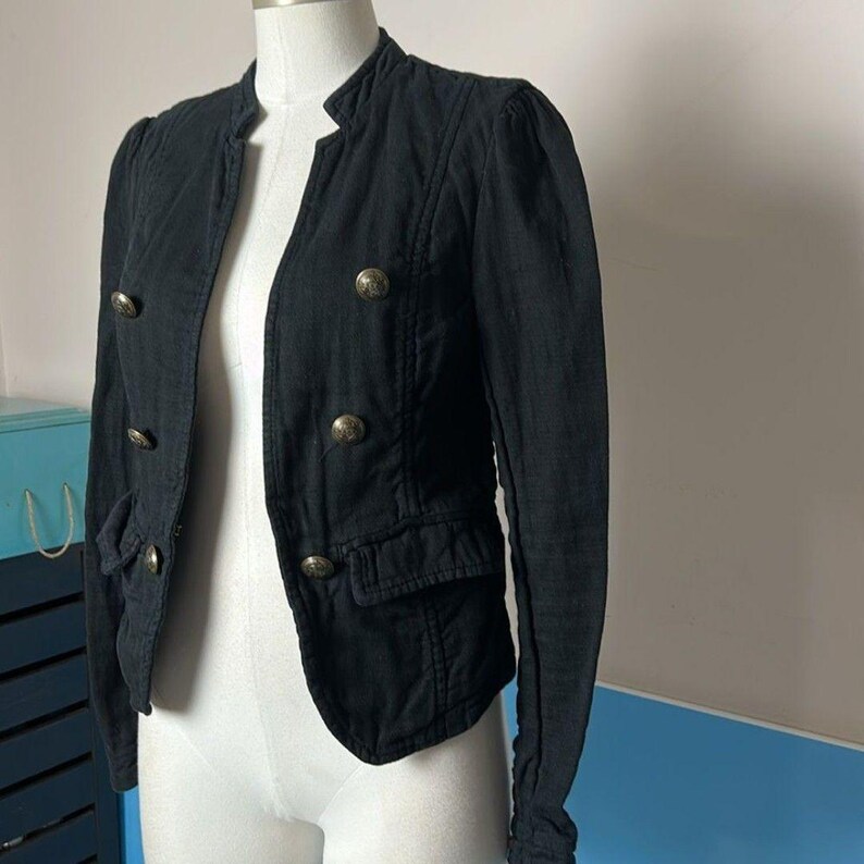 Free People Black Cotton Textured Blazer with Tailored Fit size small army image 5