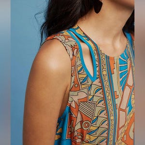 Ärmelloses Boho Midikleid aus Seide in Türkis und Rost Größe Anthropologie 14 Bild 3
