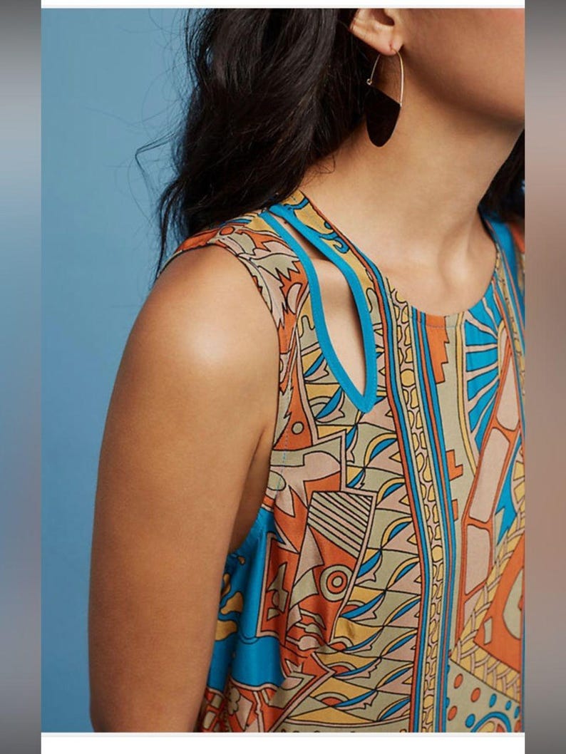 Ärmelloses Boho Midikleid aus Seide in Türkis und Rost Größe Anthropologie 14 Bild 3