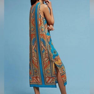 Ärmelloses Boho Midikleid aus Seide in Türkis und Rost Größe Anthropologie 14 Bild 4