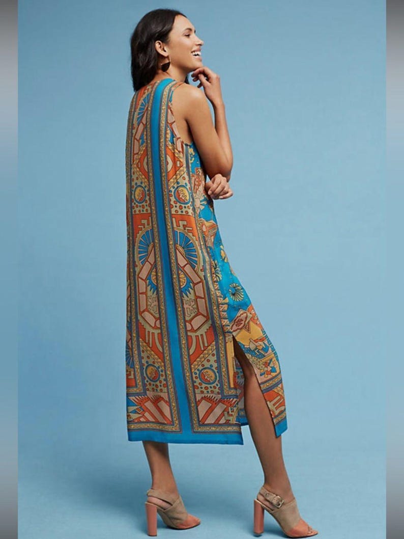 Ärmelloses Boho Midikleid aus Seide in Türkis und Rost Größe Anthropologie 14 Bild 4