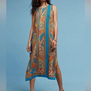 Ärmelloses Boho Midikleid aus Seide in Türkis und Rost Größe Anthropologie 14 Bild 1