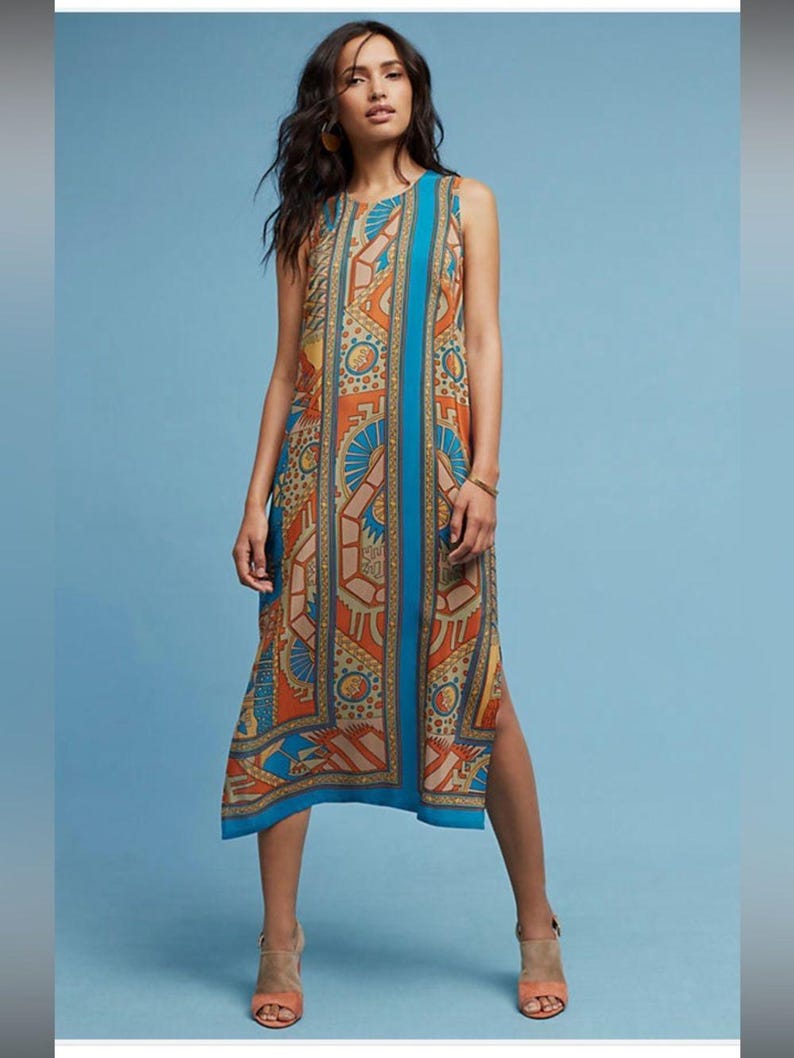 Ärmelloses Boho Midikleid aus Seide in Türkis und Rost Größe Anthropologie 14 Bild 1