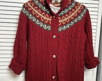 Vintage Eddie Bauer kastanjebruin kabelgebreid vest met Fair Isle Yoke-wolmix M