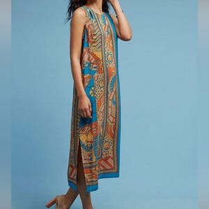 Ärmelloses Boho Midikleid aus Seide in Türkis und Rost Größe Anthropologie 14 Bild 2